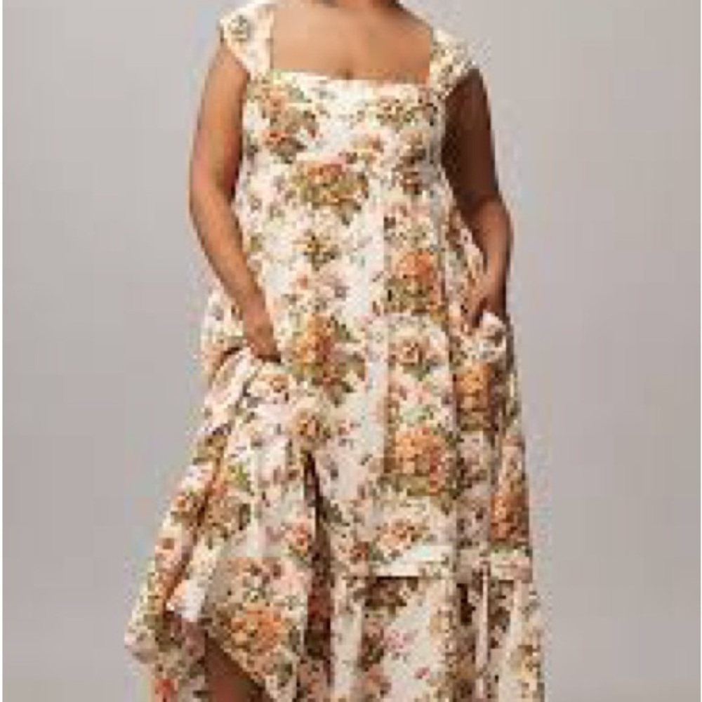 Anthropologie Floral High Low Dress in Cream and Orange